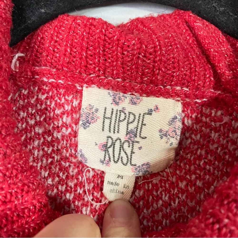 Hippie Rose Red White Winter Christmas Mock Cowl Neck Knit Sweater Size Medium - Picture 3 of 4